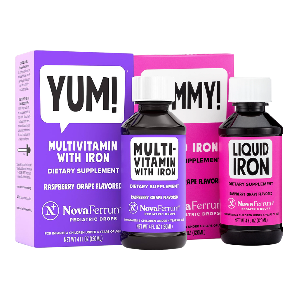 NovaFerrum pediatric drops packaging with multivitamin and iron supplements on a white background