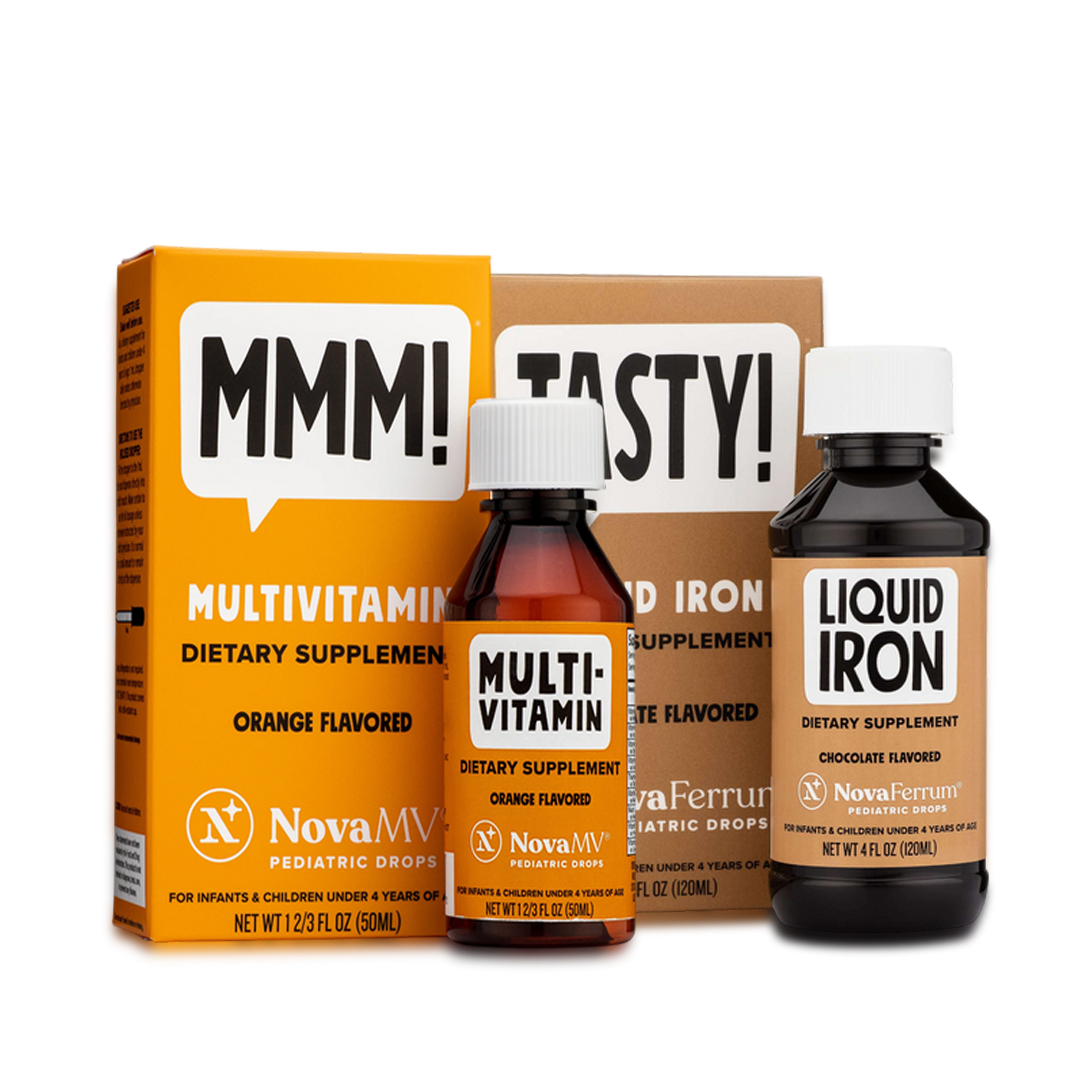 Supplement products including a box, bottles of multivitamin and liquid iron on a white background.