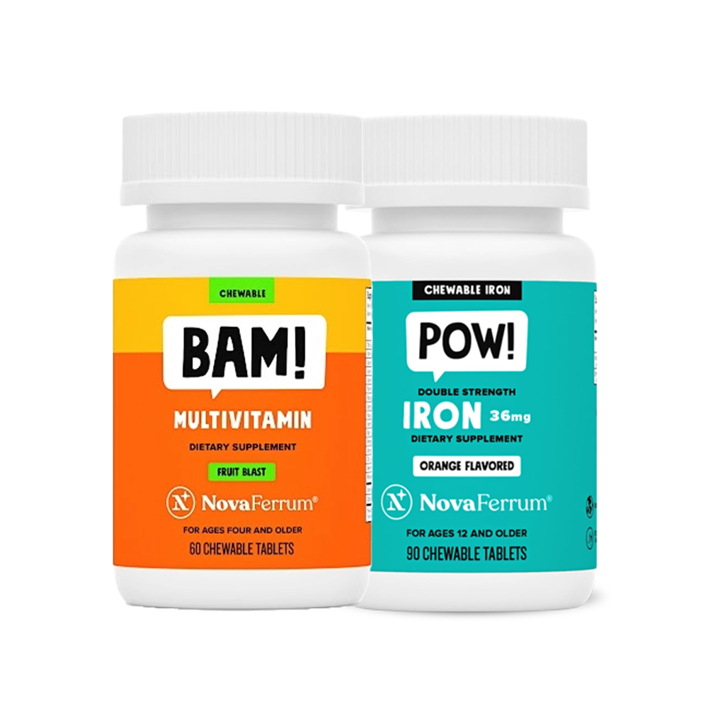 Two supplement bottles labeled 'BAM!' and 'POW!' 