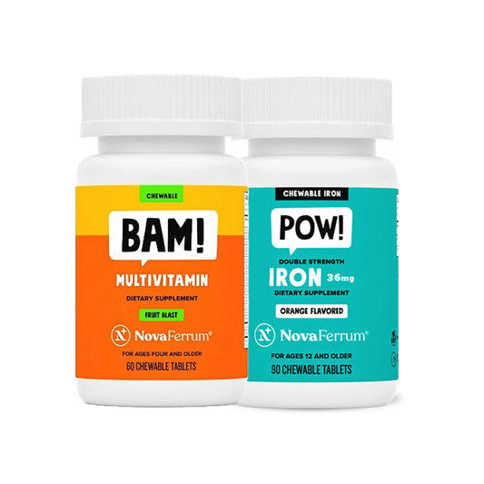 Two supplement bottles labeled 'BAM!' and 'POW!' 