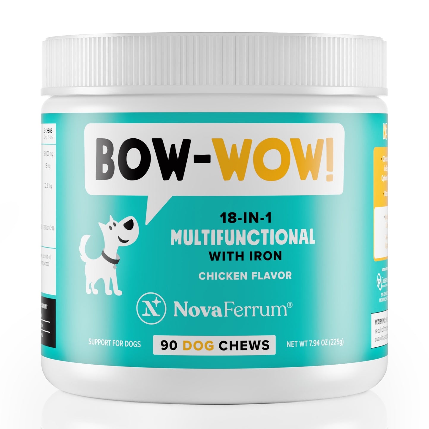 BowlWow 18-in-1 multifunctional dog chews container with NovaFerrum branding on a white background