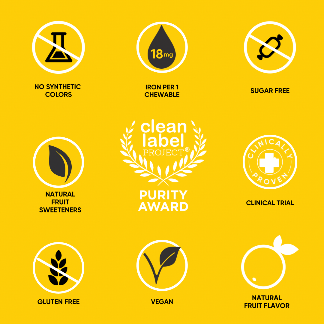 Collection of health and purity claims on a yellow background