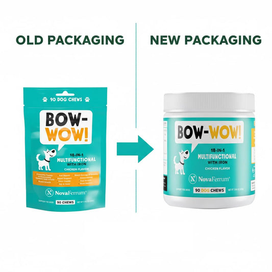 Comparison of old and new packaging for Bow-Wow! dog chews on a white background.