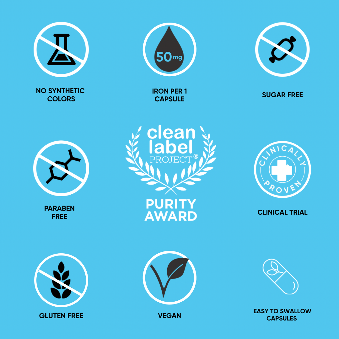 Collection of health and purity certification icons on a blue background