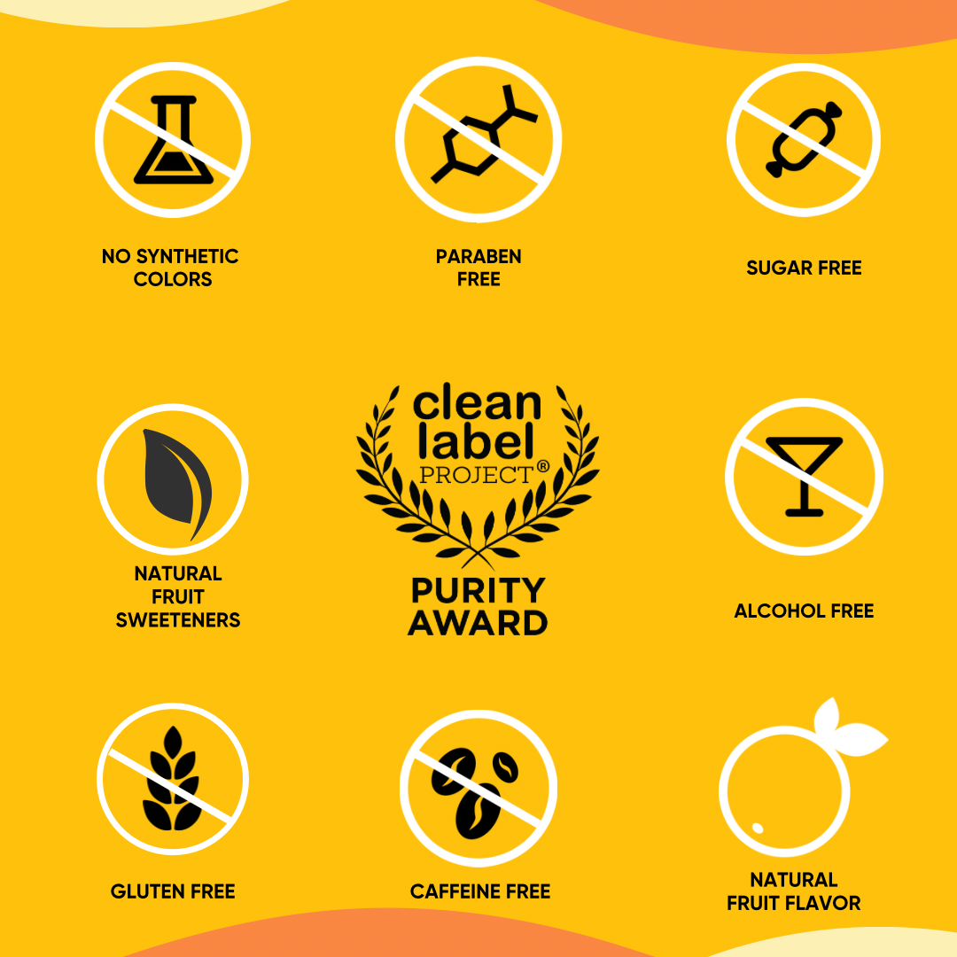 Clean label project purity award certification on a yellow background with icons indicating various product attributes.