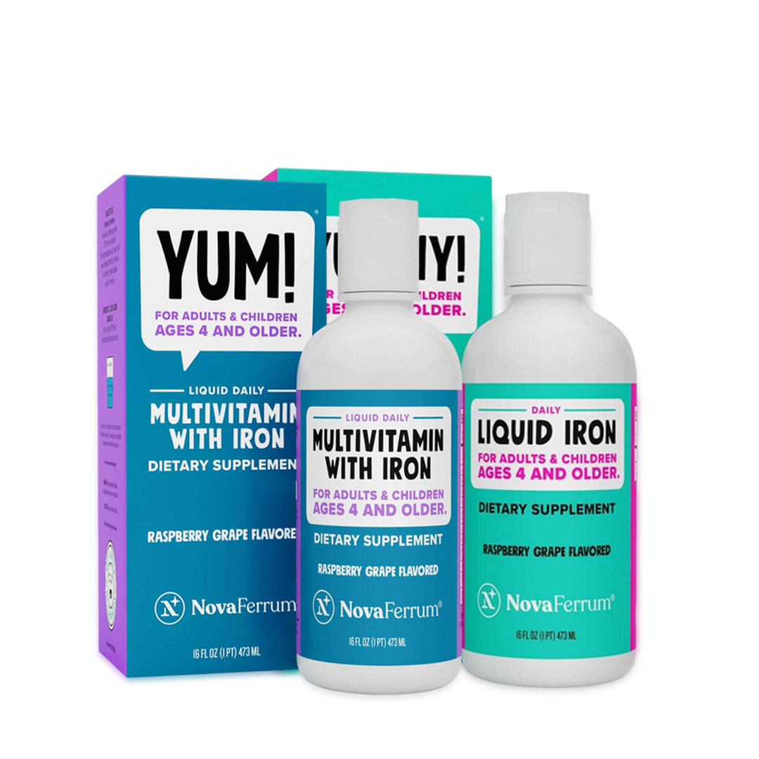 Multivitamin and liquid iron supplements with NovaFerrum branding on a white background