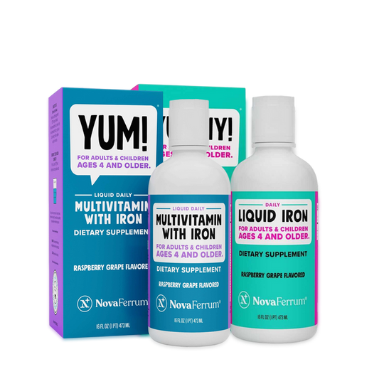 Multivitamin and liquid iron supplements with NovaFerrum branding on a white background