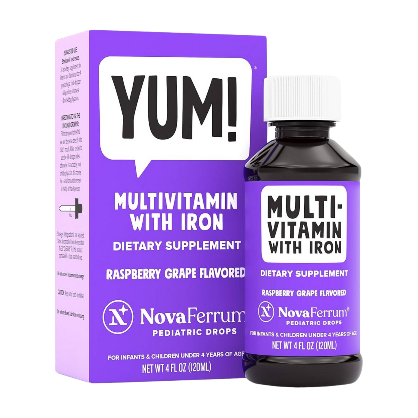 Purple bottle and box of NovaFerrum pediatric drops with 'YUM!' branding on a white background