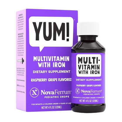 Purple bottle and box of NovaFerrum pediatric drops with 'YUM!' branding on a white background
