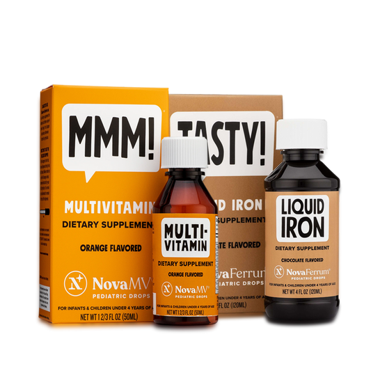 Supplement products including a box, bottles of multivitamin and liquid iron on a white background.